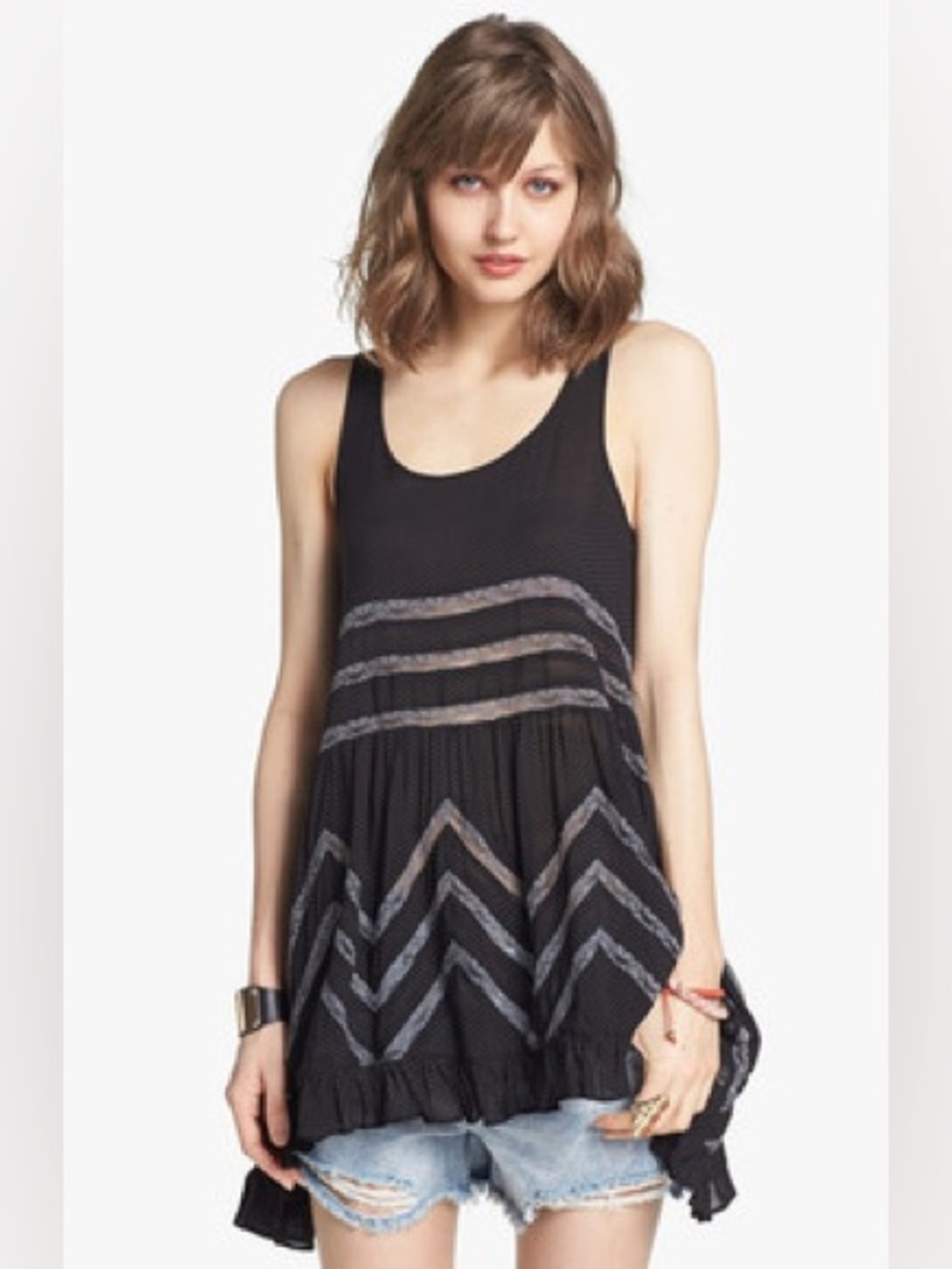 Intimately Free People Black Polka Dot Lace Trim Handkerchief Tunic Top SP